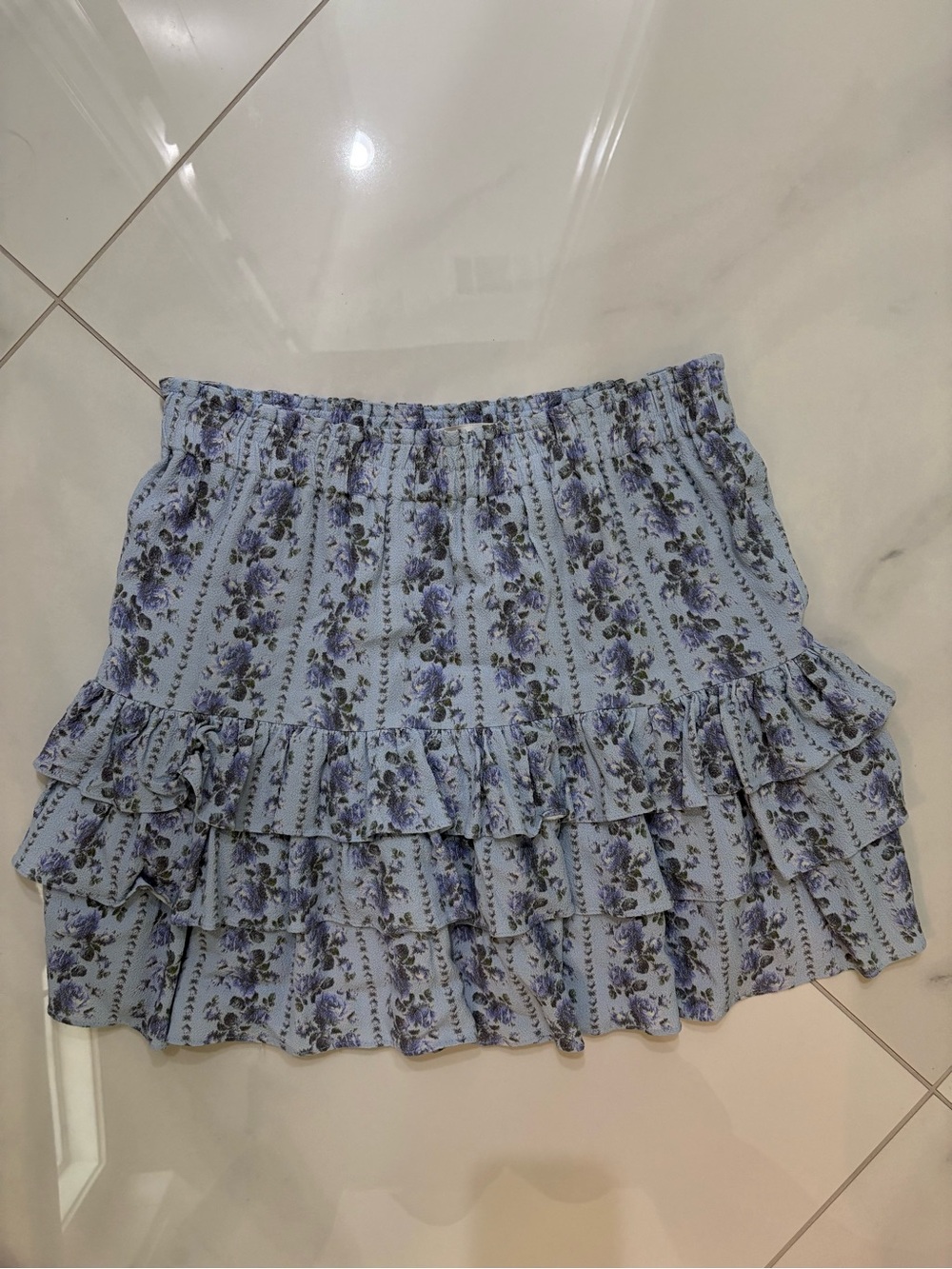 Love Shack Fancy -Women's Blue Floral Ruffle Mini Skirt
